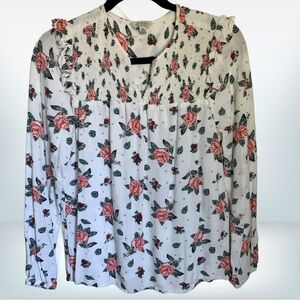 Lucky Brand White Rose Floral Long Sleeve Blouse, size M